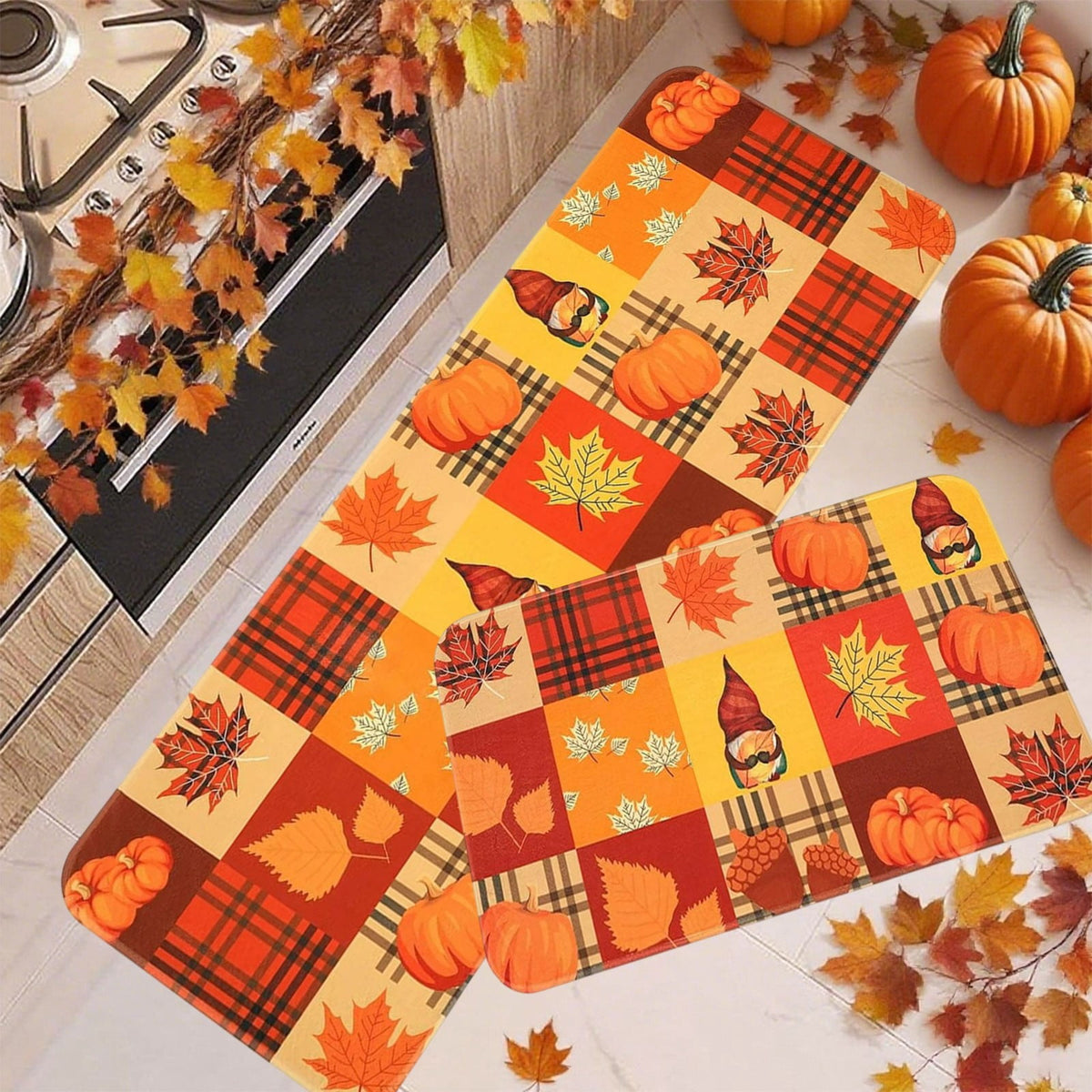 HOARBOEG Fall Pumpkin Maple Leaf Floor Mat 2-Piece Set - Non-Slip Halloween Thanksgiving Decorative Rug for Bathroom, Kitchen, Porch, Entrance, Polyester Foot Mats, Easy Clean Indoor/Outdoor