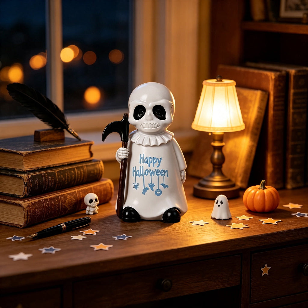 Halloween Ghost Figurine, Ghost Girl with Pink Bow & Hot Drink, Funny Ghost Statue Halloween Decor for Gift, Cute Spooky Tabletop Ornament for Home, Mantle, Desk & Party Decoration
