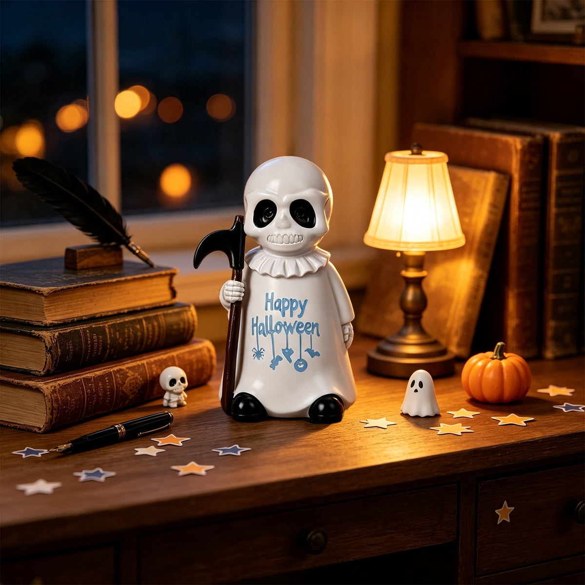 Halloween Ghost Figurine, Ghost Girl with Pink Bow & Hot Drink, Funny Ghost Statue Halloween Decor for Gift, Cute Spooky Tabletop Ornament for Home, Mantle, Desk & Party Decoration