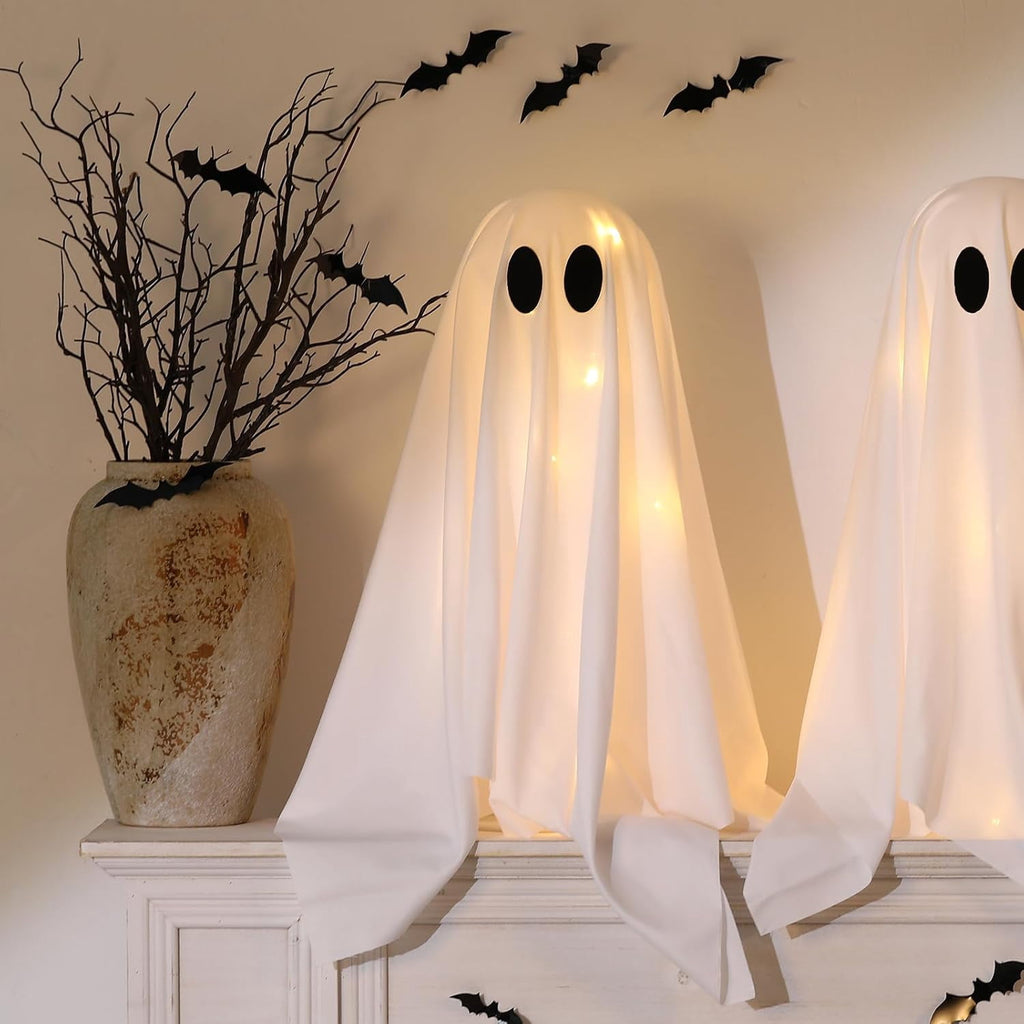 TETOU 2 Packs Halloween Spooky Ghosts with String Lights,Scary Cute Ghost for Halloween Decoration Indoor Party Home Table Room Kitchen Fireplace Decor