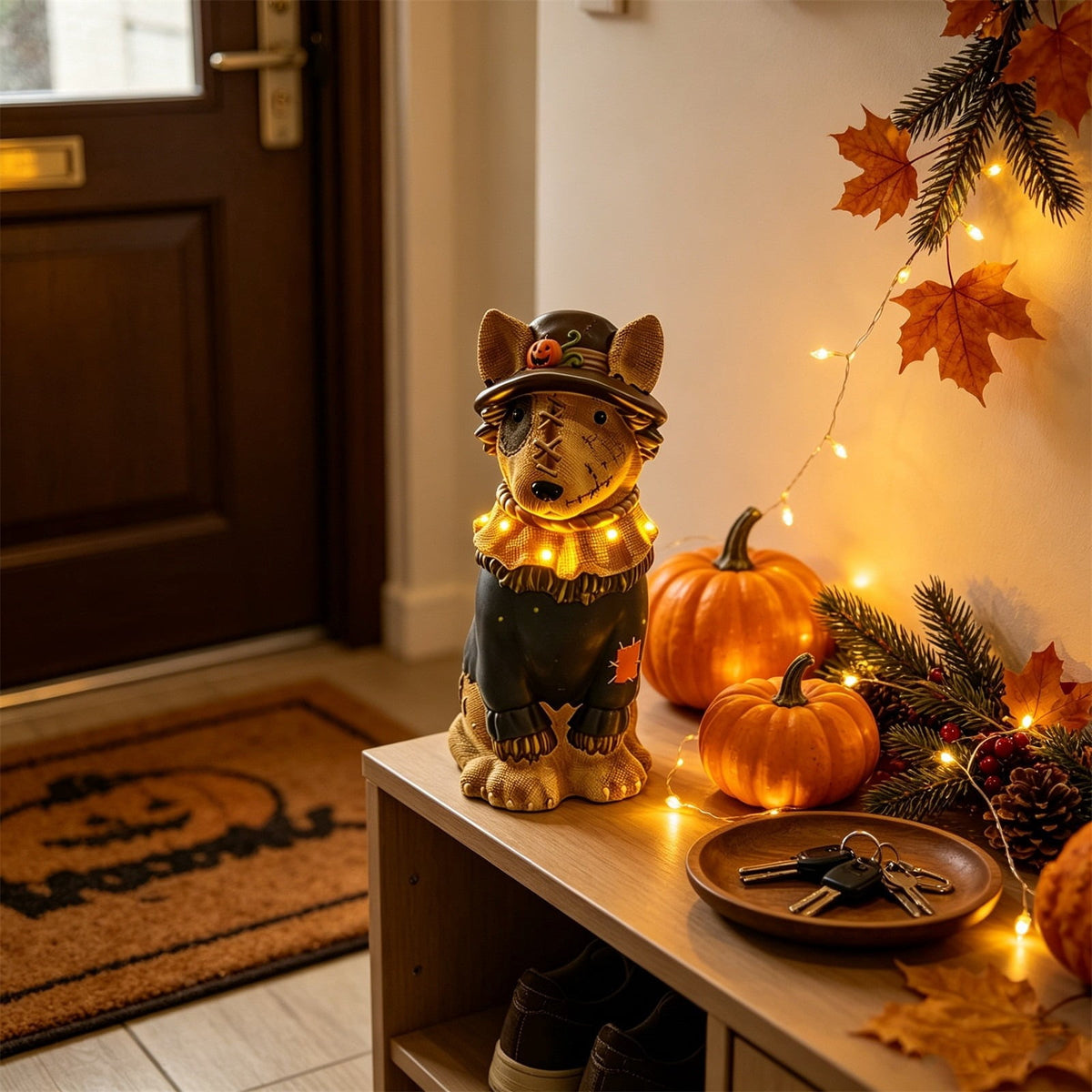 Clearance! Halloween Light‑Up Dog Figurine, 7.9in Scarecrow Dog Statue with Glowing Pumpkin, Waterproof Resin Table Yard Decor