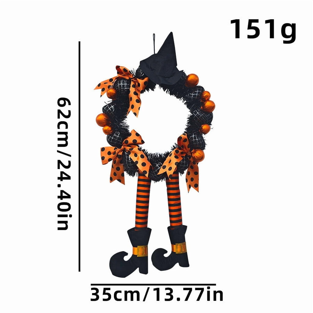 24 Inch Halloween Wreath with Witch Hat and Striped Legs Black Orange Bow Decorative Wreath for Front Door Porch Wall Home Decor