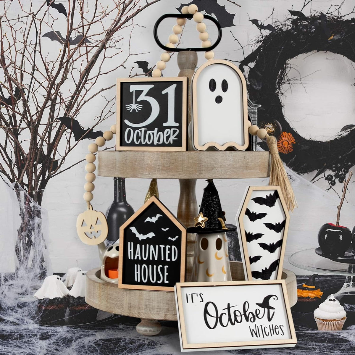 6-Piece Halloween Decor, Cute Wooden Halloween Decoration Indoor Tabletop Signs Farmhouse Rustic Tiered Tray Decor Halloween Party Decorations