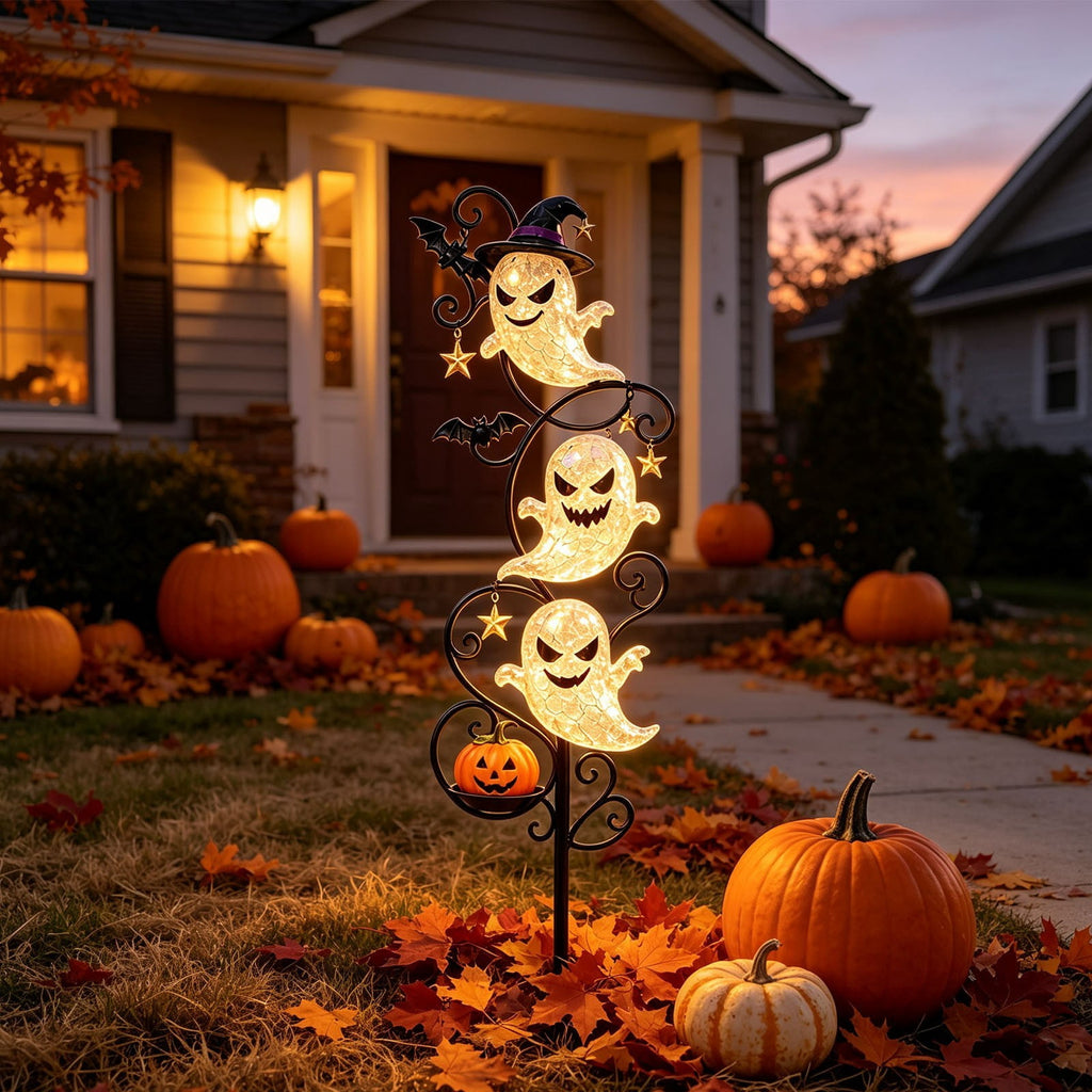 Solar Halloween Garden Stake Light, Bats & Spooky Ghosts Waterproof Solar Lantern Stake with Hanging Pumpkin, Outdoor Halloween Yard Decor for Garden Patio Lawn Pathway