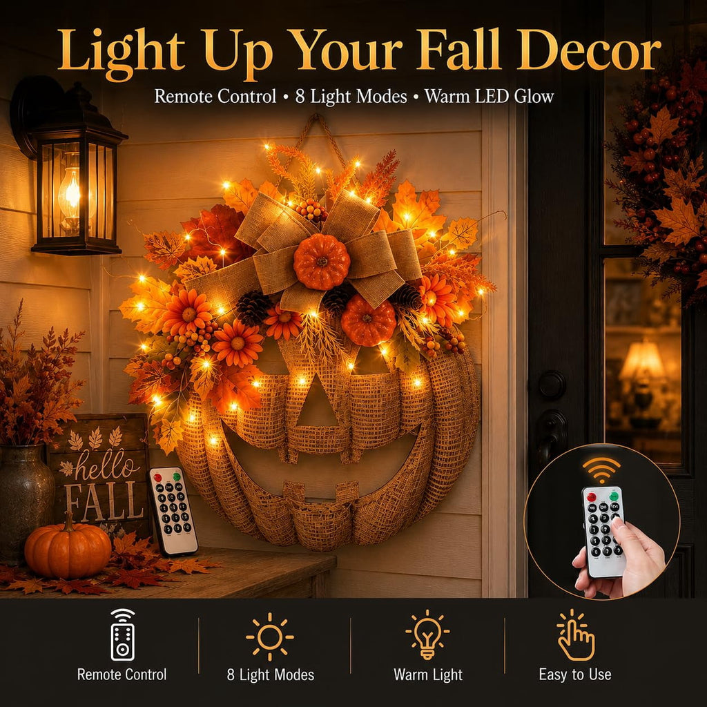 Lighted Burlap Pumpkin Wreath, 13.78-Inch LED Fall Door Decor with Wooden Pumpkin,Burlap Bow,Maple Leaves and Berries for Halloween Thanksgiving Porch