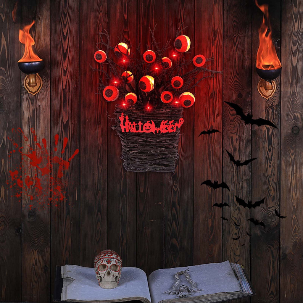 Halloween Wreaths for Front Door,Halloween Eyeball Wreaths LED Light Up Halloween Flower Basket Wreath Scary Vintage Halloween Wreaths for Home Door Wall Window Party Decorations