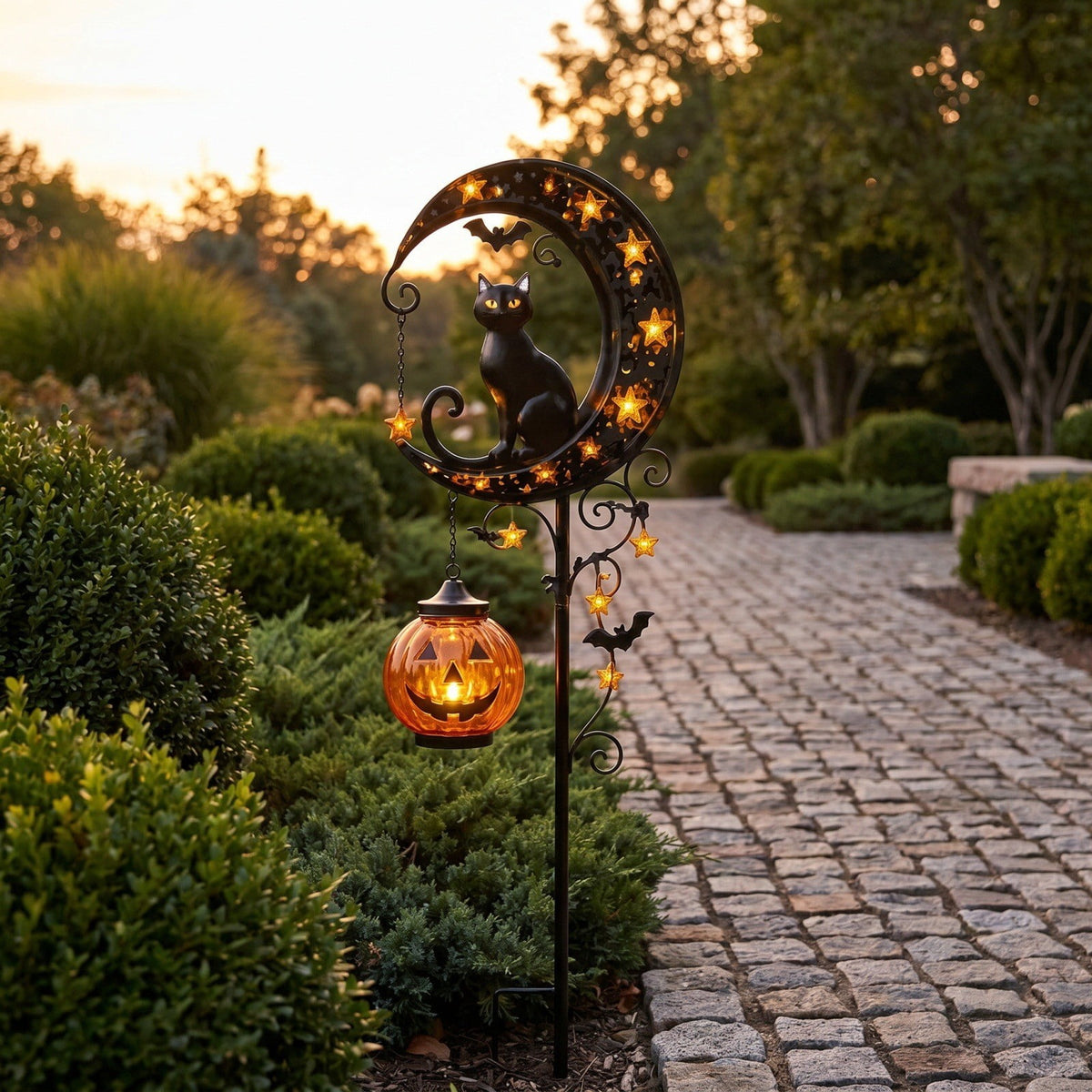 Clearance Halloween Solar Black Cat & Pumpkin Moon Garden Stake Light, Outdoor Waterproof LED Yard Decoration with Crescent Moon, Hanging Jack-o'-Lantern Lantern for Garden, Patio, Walkway, Porch