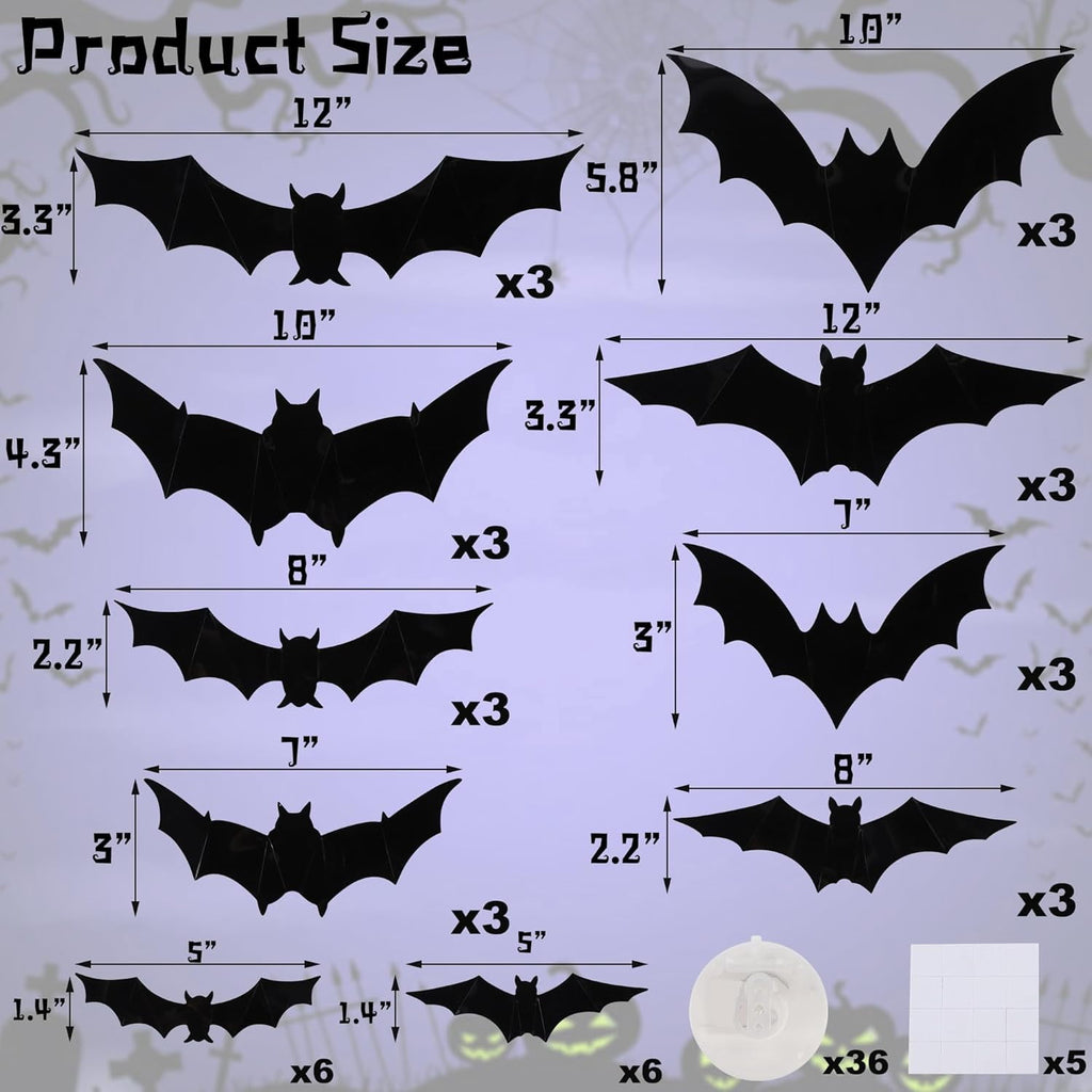 CQHVKQ 36 PCS Halloween Bats Decorations, Realistic 3D LED Bats Wall Stickers Decor, Assorted Size Removable Lighted PVC Bats DIY Wall Sticker for Halloween Party, Bedroom, Home, Indoor and Outdoor