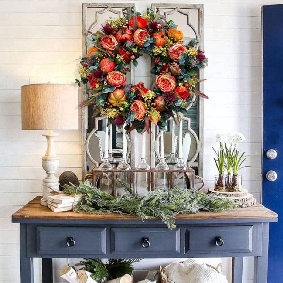 17.7-Inch Autumn Wreath Fall Wreaths for Front Door Outside,with Pumpkin Berries Suitable for Halloween Thanksgiving