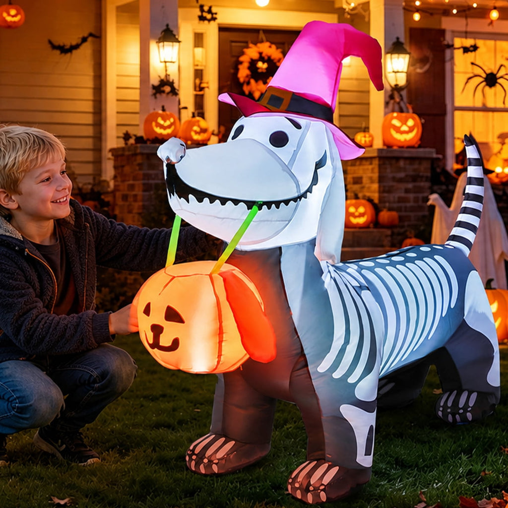 GOOSH Halloween Inflatables 5.7 FT Halloween Inflatable Dog with Build-in LEDs, Inflatable Skeleton Dachshund Dog Halloween Skeleton Puppy Inflatable, Outdoor Halloween Decorations for Holiday Party