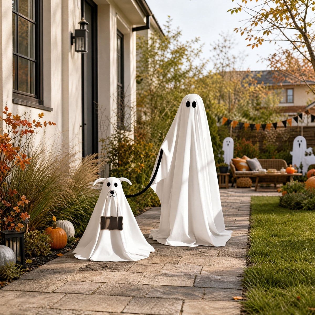 Light Up 2.1 Ft Ghost Walking Dog 2 Pcs, Halloween Ghost Decoration, Adjustable Standing Porch Yard Lawn Decor, Modern Farmhouse Halloween Yard Decor (A)