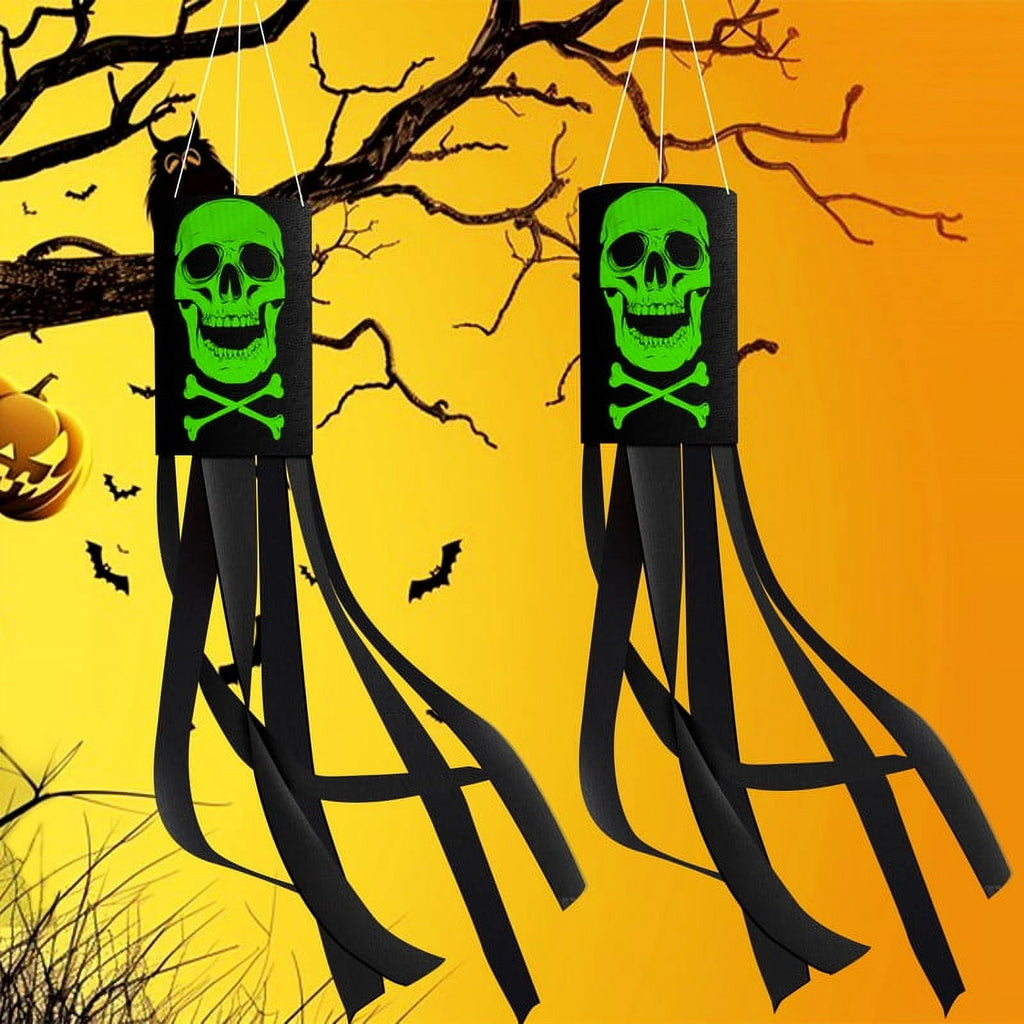 2 Pack 40 Inch Halloween Luminous Ghost Skull Windsock Flag, Glow in The Dark Skeleton Windsocks Flag, Outdoor Hanging Decor for Yard Patio Garden Pathway Party Decoration