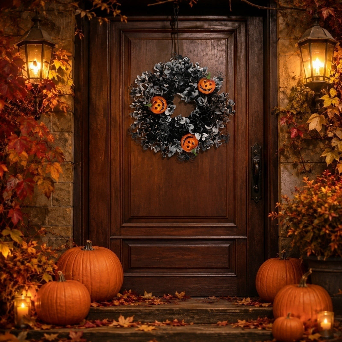 Halloween Wreaths for Front Door Halloween & Fall Fake Greenery Door Wreath, Thanksgiving Hanging Decor for Porch Window 12 Inch, D