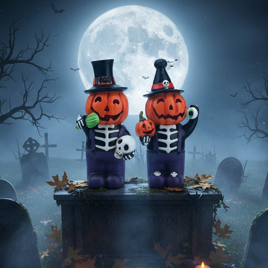 Ayieyill 2pcs Halloween Cat and Skeleton Figurines Vintage Halloween Black Cat Decor Halloween Table Decorations