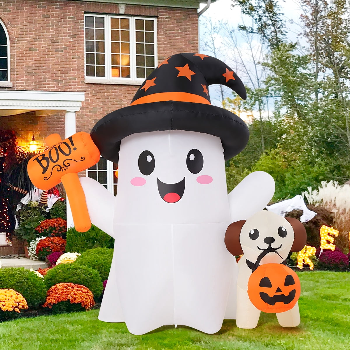 GOOSH Halloween Inflatables 5 FT Inflatable Ghost and Puppy with Built-in Led Lights, Cute Ghost Inflatable Wearing Witch Hat, Outdoor Halloween Decorations Blow up Ghost for Halloween Holiday Party
