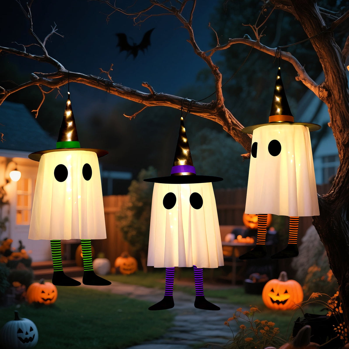 Qoosea 2 pack Hanging Ghosts Halloween Decor 4.26ft Large Glowing LED Ghost Lights Windsock Halloween Decorations Outdoor Indoor, 3 Lighting Modes