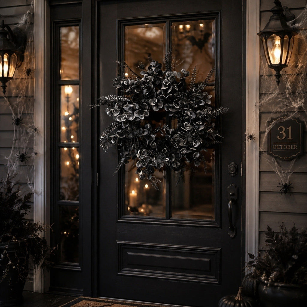12 Inch Black Eucalyptus Halloween Wreath, Artificial Floral Door Wreath with Pumpkin Cutouts for Front Porch Indoor Door Halloween Party Gothic Home Decor