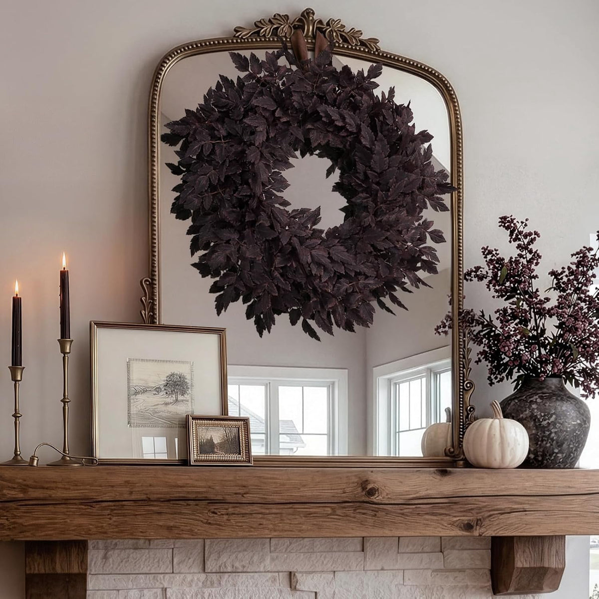 Fall Decor - Fall Wreaths for Front Door, 24" Plum Cimicifuga Leaves Artificial Wreath, Autumn Harvest Halloween Decorations for Home Mantle Window Wall Kitchen Indoor & Outdoor