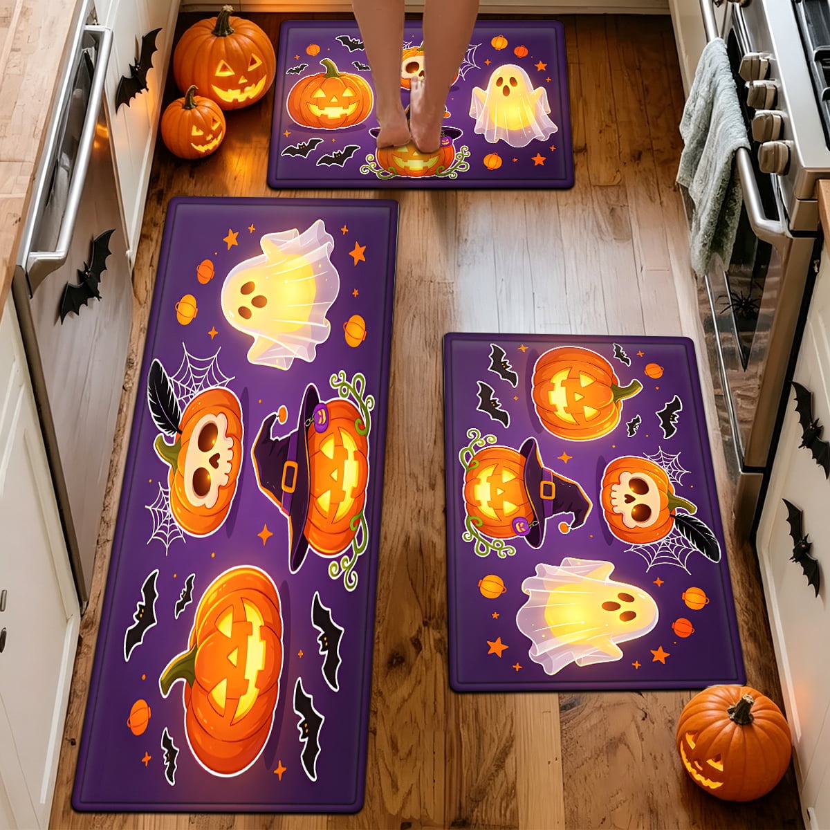 YIMEIS Halloween Pumpkin Lanterns Multi-purpose 1-Piece Flannel Mat and Kitchen Rugs,Soft Non-slip for Home Bedroom Bathroom