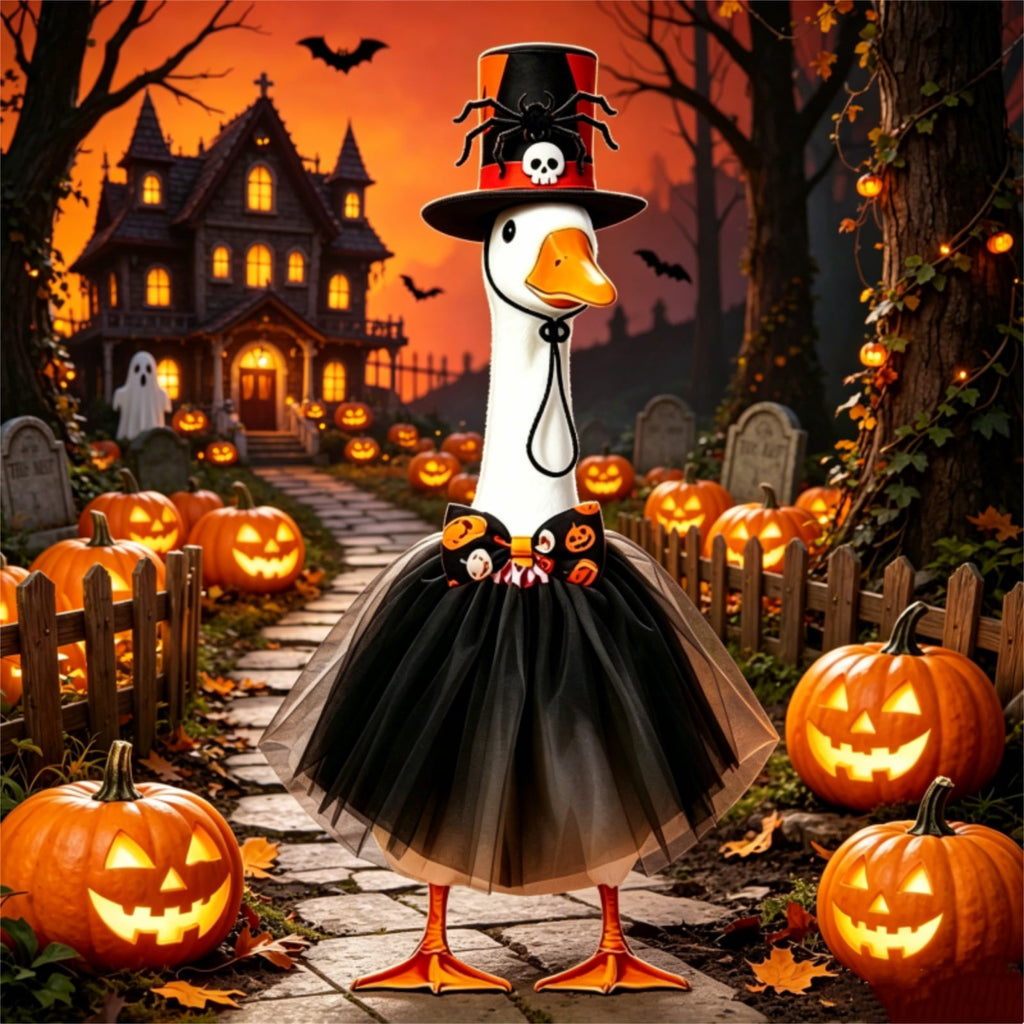 Halloween Ghost Porch Goose Outfit Fits 23 Inch Cement Lawn Goose Statue Pumpkin Face Ghost Costume with Matching Witch Hat for Fall Outdoor Garden Yard Patio Holiday Decor