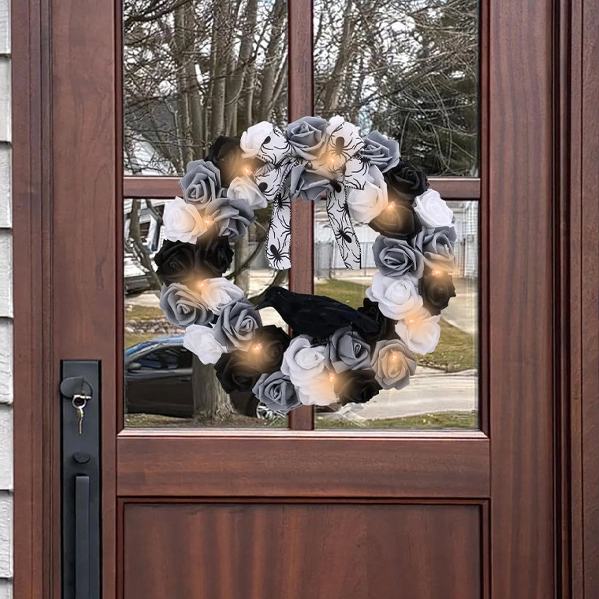 Halloween Decorative Wreath with Crow Roses Lights,13.7" Black White Flowers Gothic Garland for Wedding,Creepy Decor Pendant,Wreath for Front Door Porch Window, Indoor Outdoor Home Halloween Decor