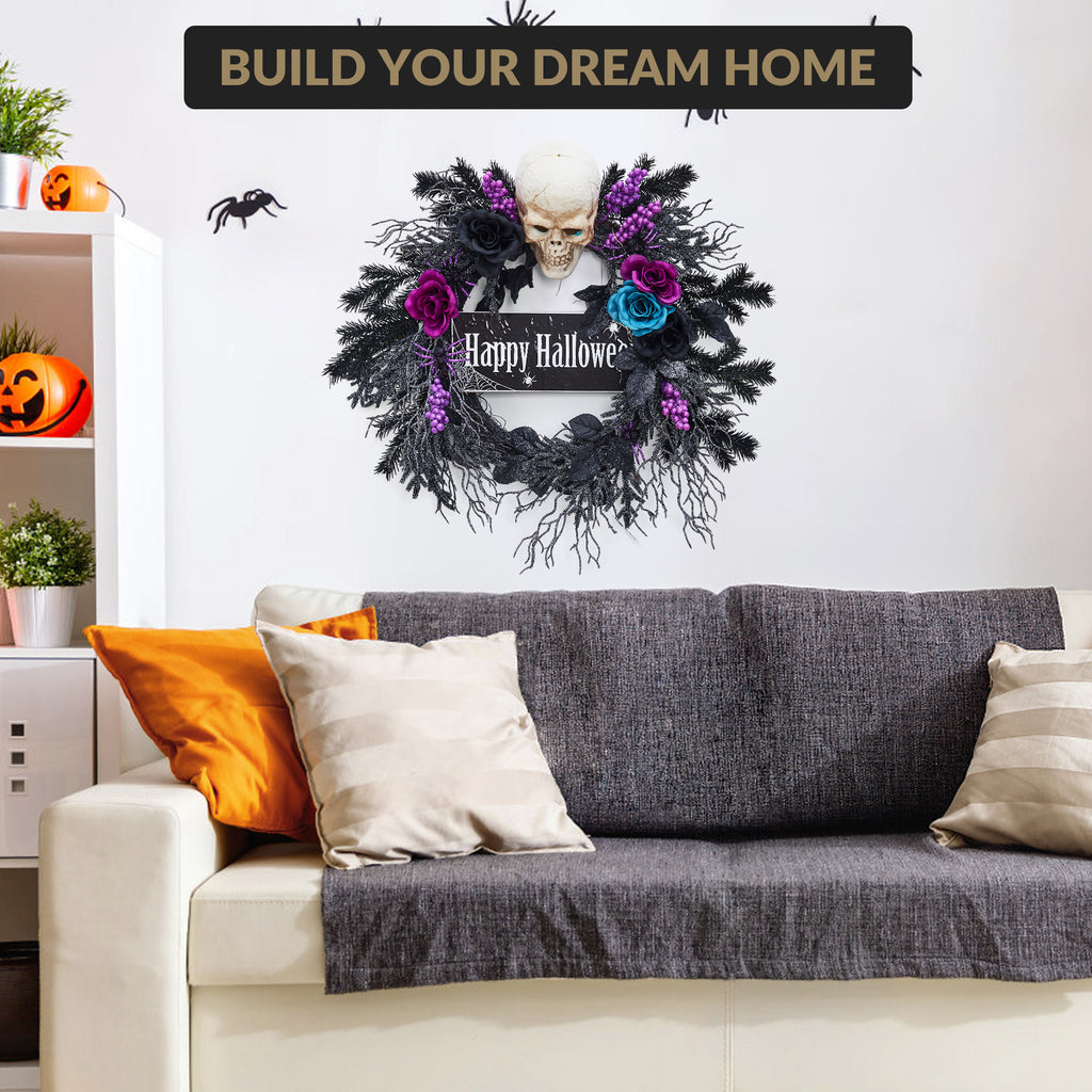 Festisoul 20'' Halloween Wreath for Front Door, Halloween Owl Wreath with Natural Vines and Artificial Roses, Spooky Halloween Props Decoration for Fireplace