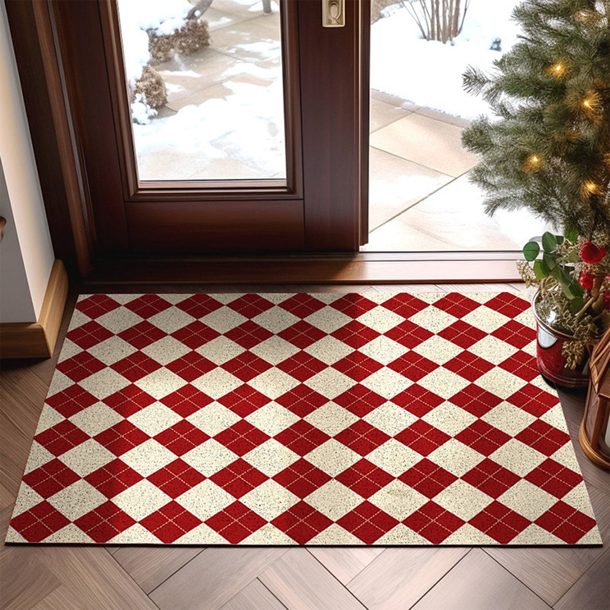 Orange Plaid Fall Outdoor Mat, Hand-Woven Porch Rug for Thanksgiving Halloween Door Decor