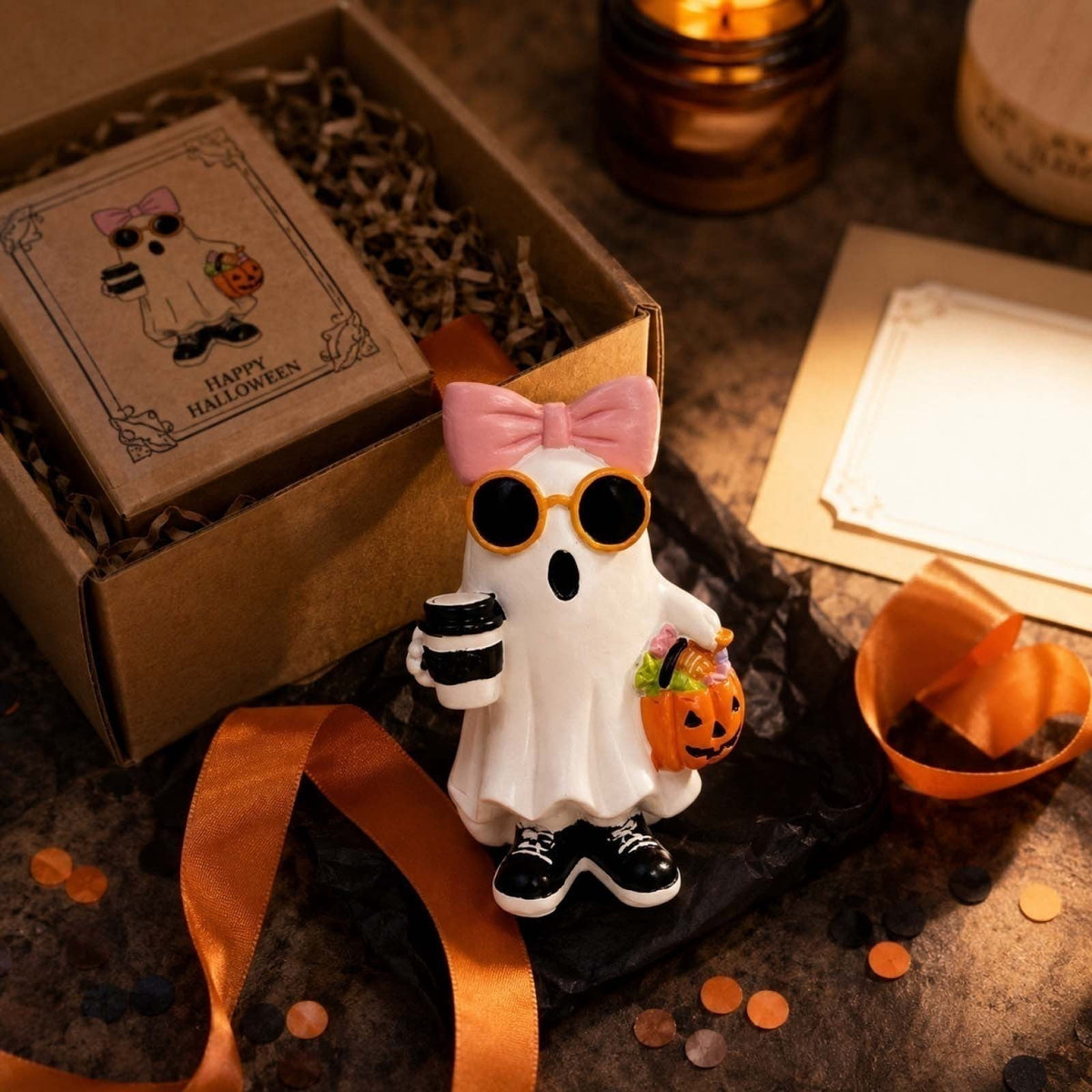 Halloween Ghost Figurine, Ghost Girl with Pink Bow & Hot Drink, Funny Ghost Statue Halloween Decor for Gift, Cute Spooky Tabletop Ornament for Home, Mantle, Desk & Party Decoration