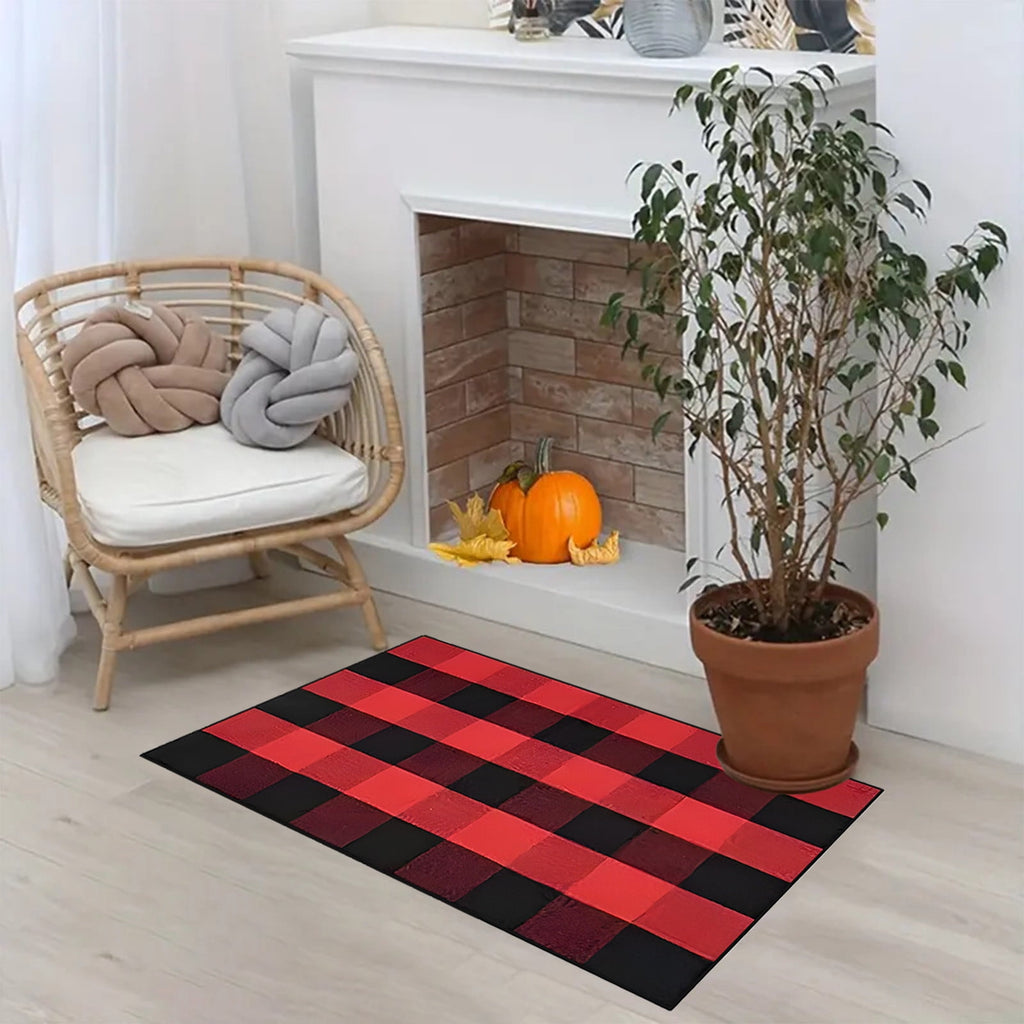 Guozer Fall Outdoor Rug Orange Plaid Outdoor Rug Cotton Hand-Woven Check Rug Layered Doormats For Front Door/Front Porch/Farmhouses/Entryway/Patio 23.6''x 35.4''