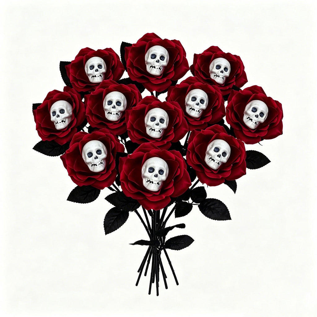 Halloween Artificial Rose Flower with Skull Head, Fake Silk Rose Bouquet, Red or Black Roses with Mini Skull