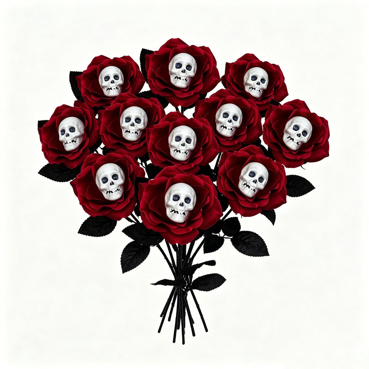 Halloween Artificial Rose Flower with Skull Head, Fake Silk Rose Bouquet, Red or Black Roses with Mini Skull