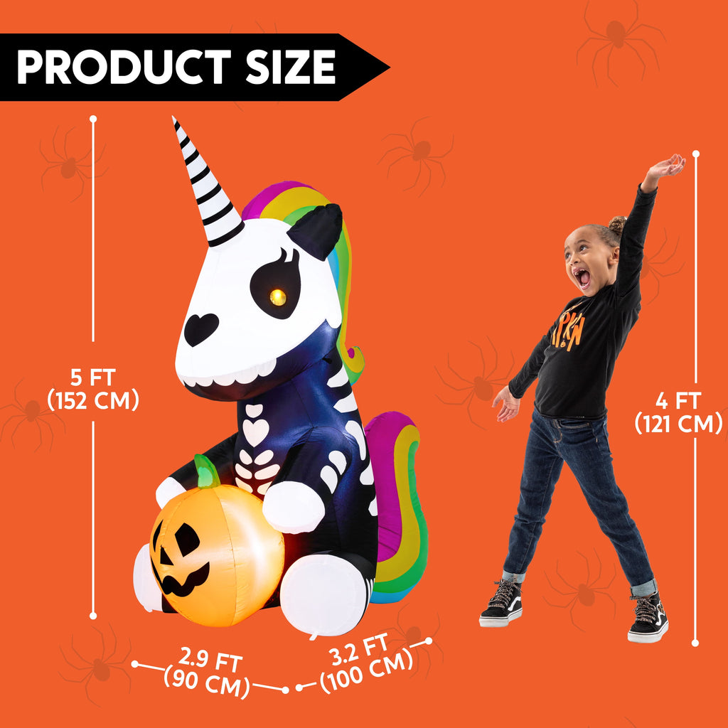 Joyfy 5 ft Halloween Inflatable Sitting Skeleton Unicorn with Build-in LEDs,Halloween Blow up Yard Decorations Outdoor Decorations