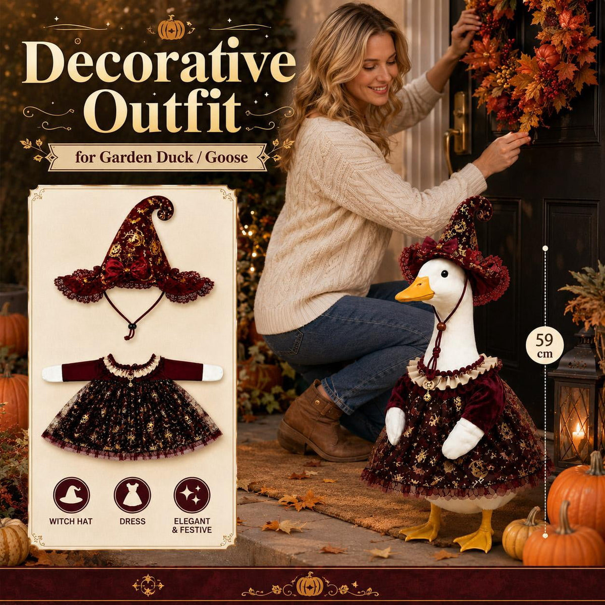Halloween Garden Porch Decor, Porch Goose Outfits Halloween, 23 Inch Porch Goose Outfits, Witch Dress and Hat Set, Fits 23X11X26 Inch Standing Plush Goose for Front Porch Lawn