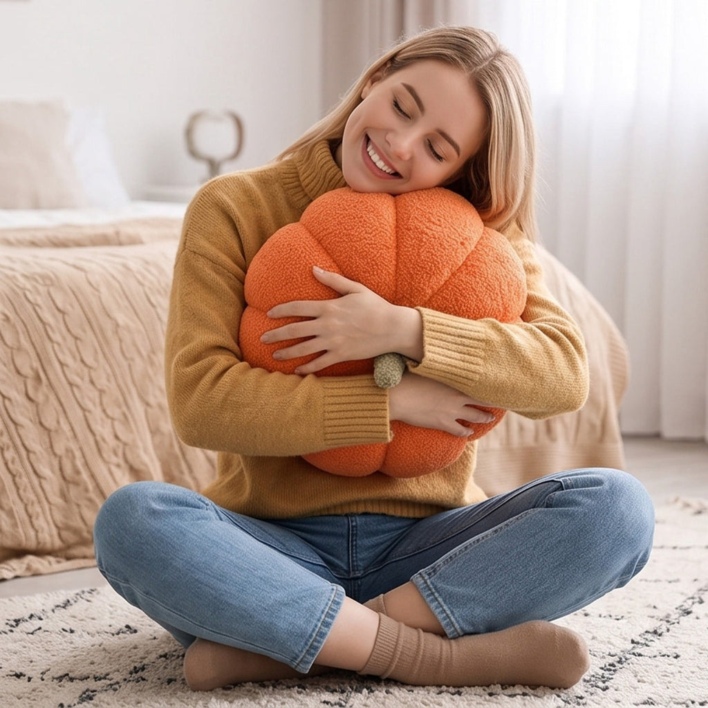Yhmxh Soft Fluffy Pumpkin Throw Pillow, 3D Plush Sherpa Stuffed Pumpkin Cushion Decor, Cute Autumn Harvest Pumpkin Shaped Plush Toy for Sofa Couch Bed Farmhouse Thanksgiving Halloween Party Decor