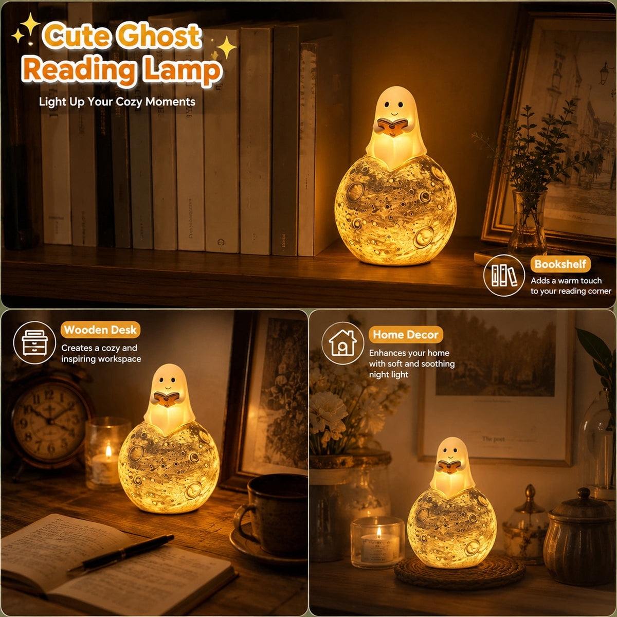 Halloween Ghost Night Light, Cute Ghost Playing The Guitar Lamp, Ghost Warm Lighted Figurine Lamps for Party Bedroom Study Room Home Dorm, Halloween Decor Indoor