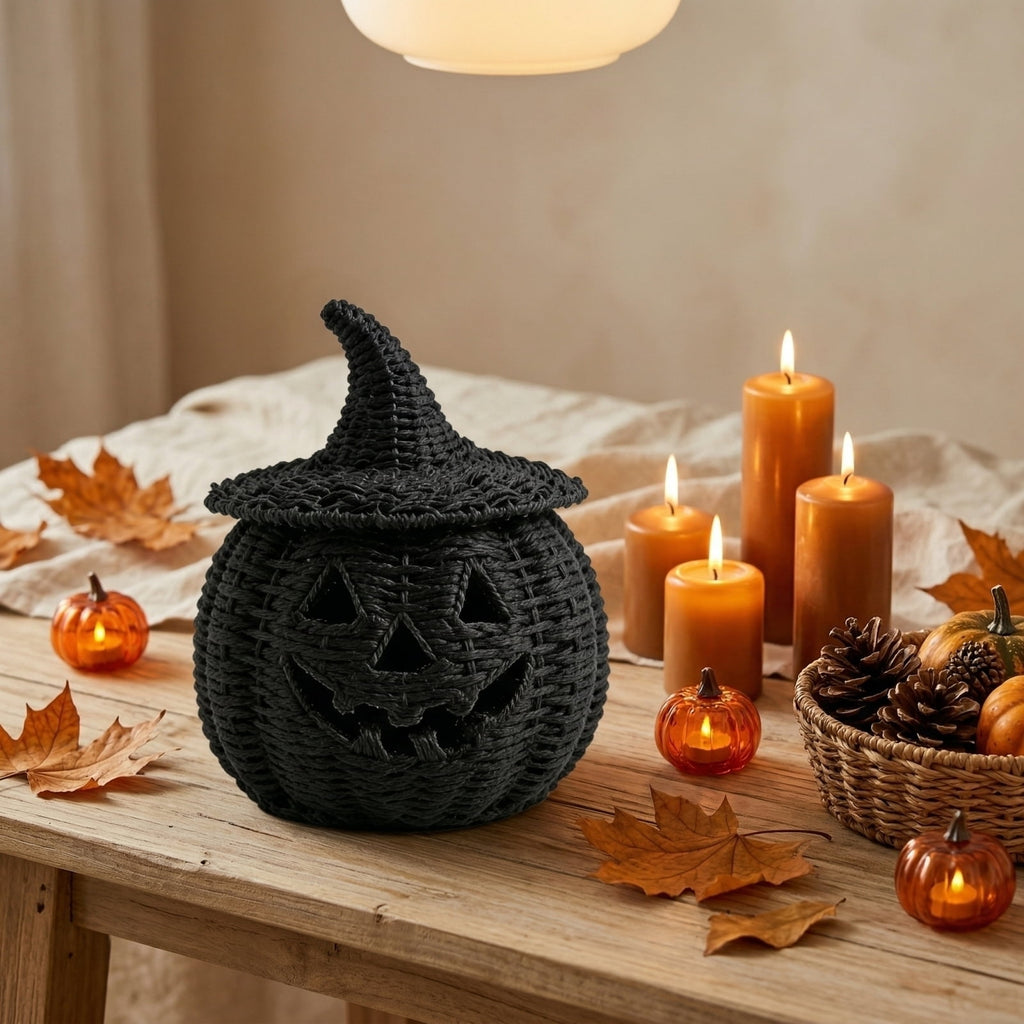 THOPBPRK 2026 Black Halloween Woven Pumpkin Jack-O'-Lantern, Halloween Decorations Pumpkin, USE LED Candle, Rattan Fall Halloween Decor for Home, 1Pack 11.8 Inch A