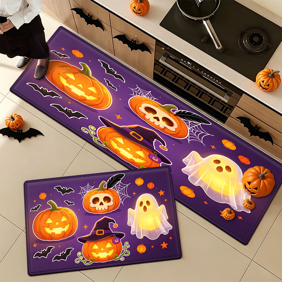 YIMEIS Halloween Pumpkin Lanterns Multi-purpose 1-Piece Flannel Mat and Kitchen Rugs,Soft Non-slip for Home Bedroom Bathroom