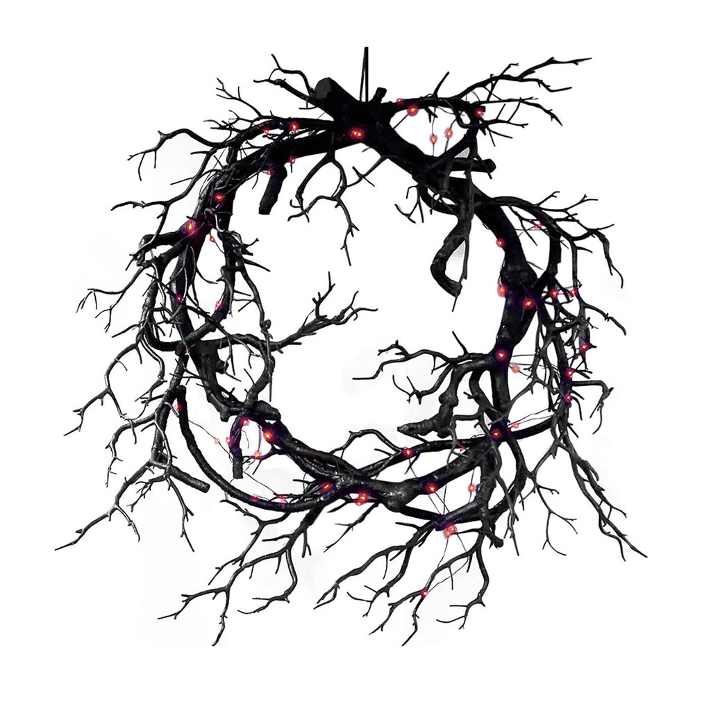 ZTTD Halloween Black Branch Wreath Signs for Front Door with Red Lights,Handcrafted Halloween Horror Wreath for Indoor Outdoor Party Window Wall Decor Farmhouse Garland Yard(Black Branch-Red Lights)