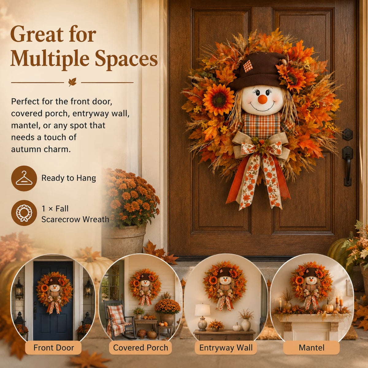 ICQOVD Halloween Pumpkin Maple Leaf Wreath with Skeleton Ornament Orange Black Bow Front Door Hanging Fall Home Decoration 15.75*15.75*3.15IN