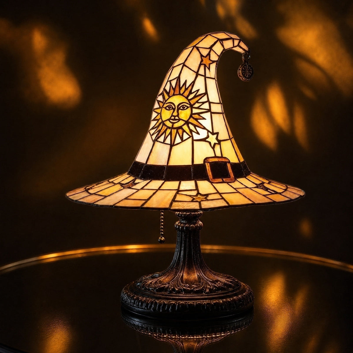Stained Glass Witch hat lamp, 7" Halloween Gothic Mystic Room Decor Handcrafted Ceramic Phantom Figurine, USB Rechargeable LED Glowing Lantern for Bedroom Living Room Mantel Home Decor
