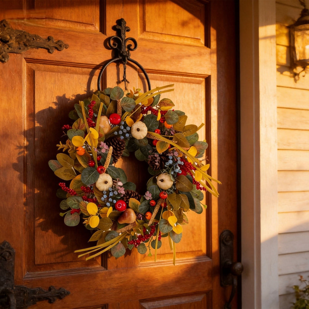 ICQOVD Halloween Pumpkin Maple Leaf Wreath with Skeleton Ornament Orange Black Bow Front Door Hanging Fall Home Decoration 15.75*15.75*3.15IN