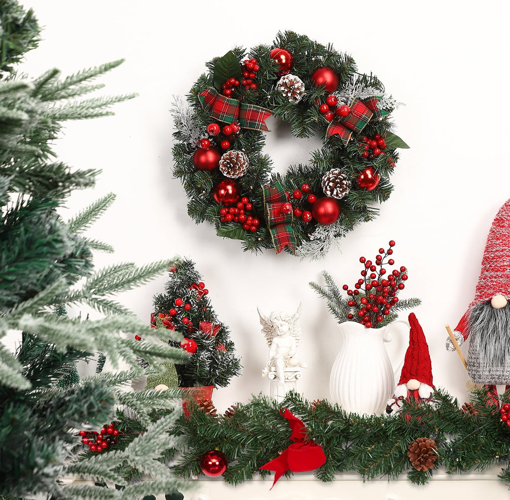 JoanKaren 24 inch Large Christmas Wreath Silver White with 20 LED Lights,Prelit Xmas Wreath w/ Ball Ornaments Pine Cone