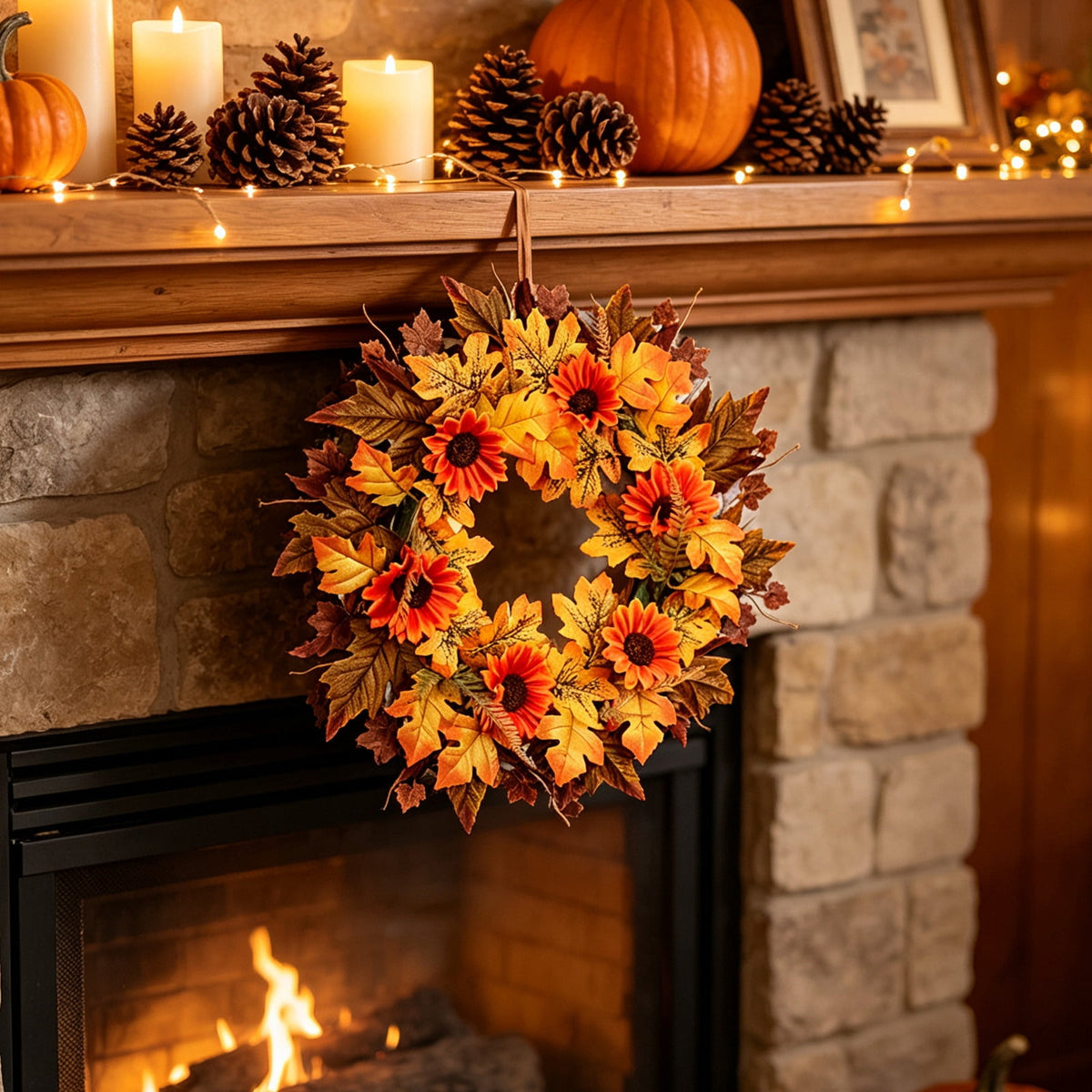 Thanksgiving Halloween Decoration Wreath, Sunflower Rose Pumpkin Silk Flower Door Hanging, Fall Simulation Maple Leaf Wreath for Front Door Fireplace, Festive Harvest Party Home Decor
