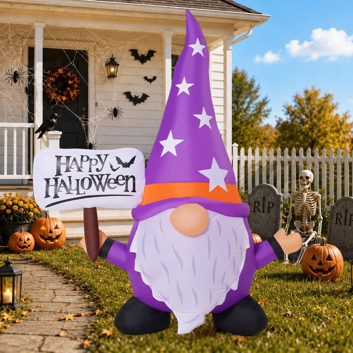 COMIN 5 FT Tall Halloween Inflatable Gnome Holding Happy Halloween Sign Outdoor Blow Up Gnome with Built-in LED Lights for Garden Patio Porch Holiday Party