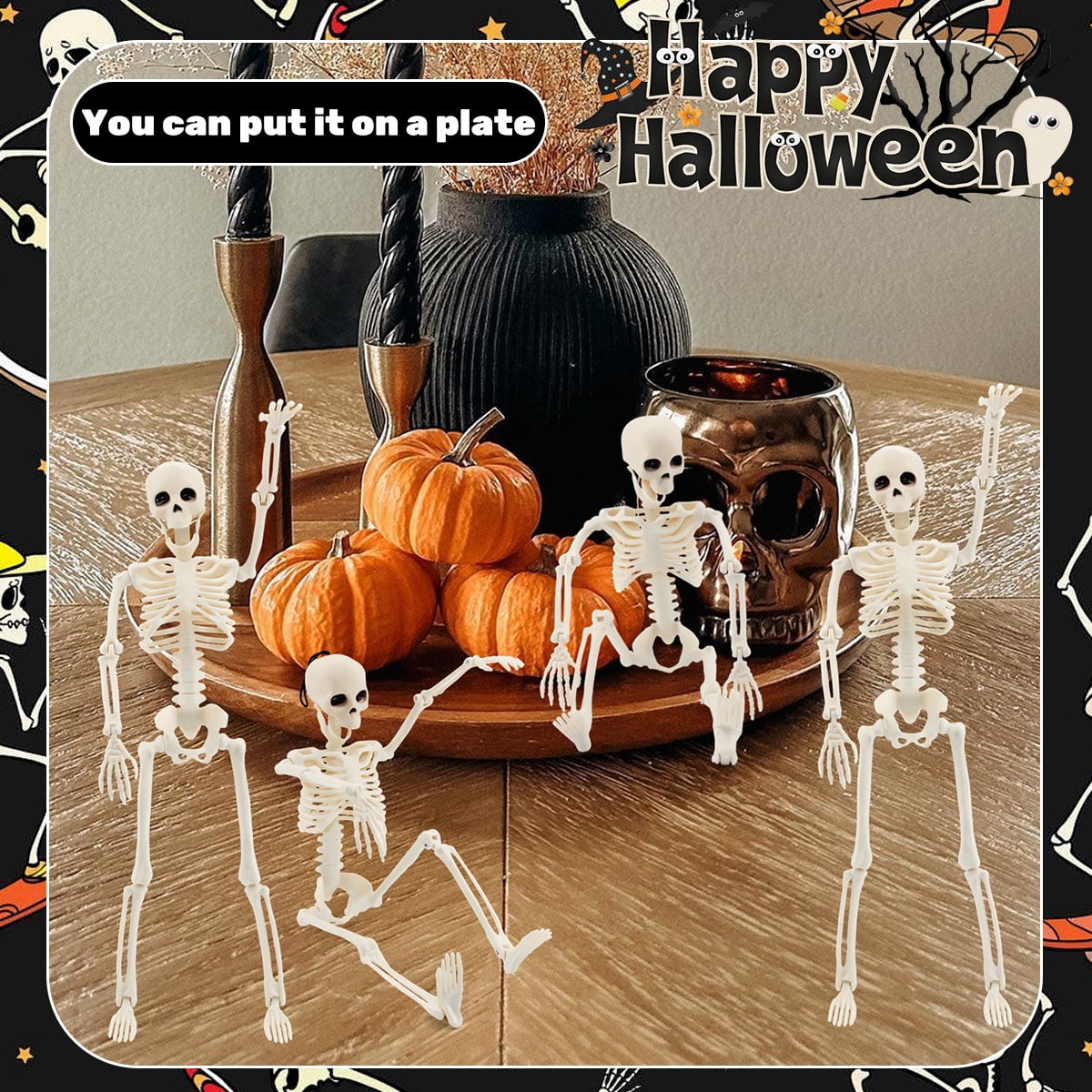 Posable Halloween Skeleton Decor, 4 Packs 16 Inches Full Body Posable Joints Hanging Skeletons for Halloween Haunted House Party Home Props Decorations