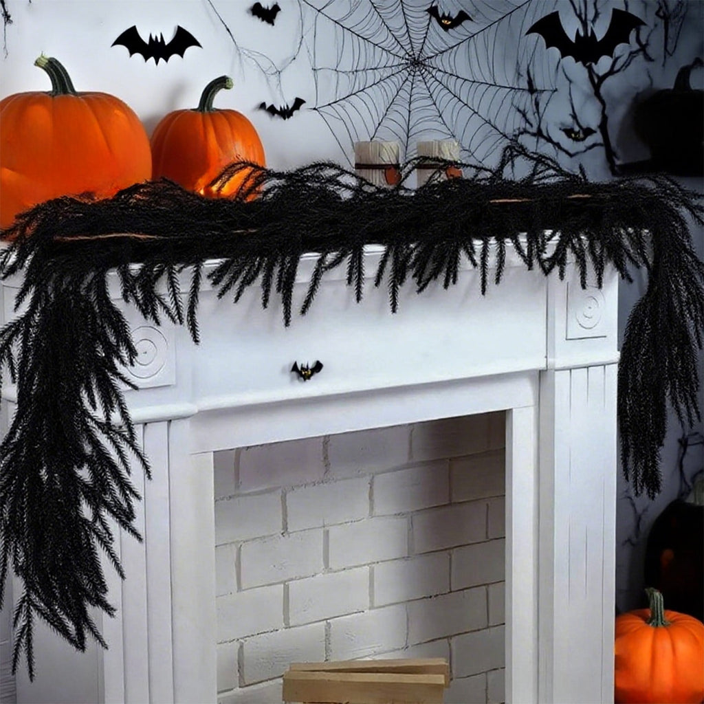 HHBEAUTY 59" Black Pine Garland - Halloween Artificial Pine Needles & Leaves Hanging Decorations for Fireplace, Stairs, Railing, Mantle, DIY Wreath, Door, Wall, Window & Thanksgiving Party Decor