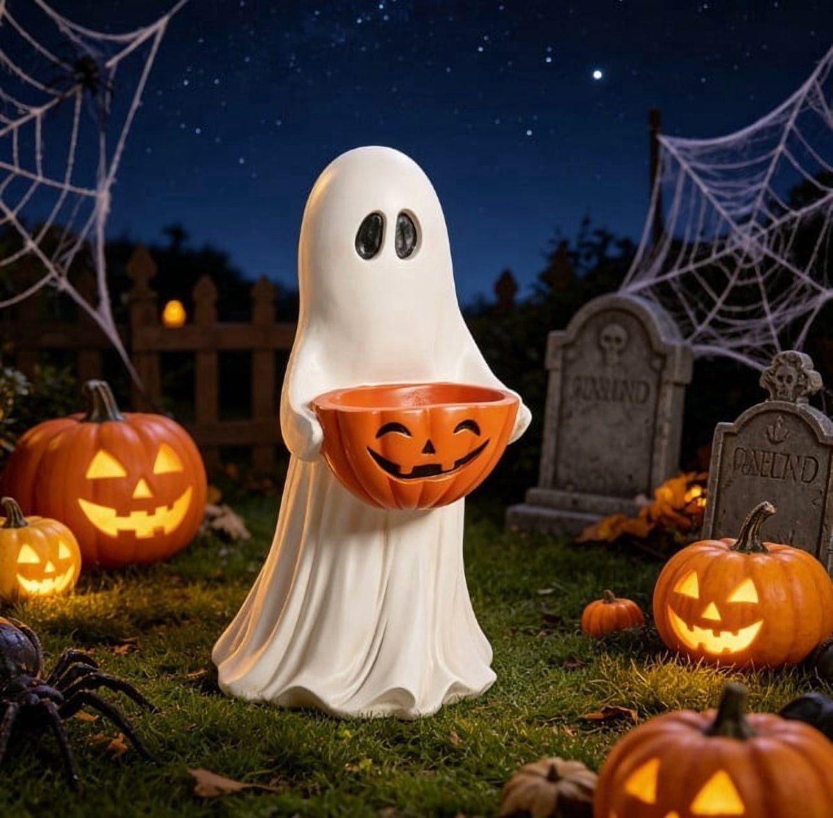 Lighted Halloween Ghost Candy Bowl, Cute LED Ghost Holding Pumpkin Candy Bucket for Trick or Treat, Outdoor Halloween Decorations for Front Porch, Indoor Yard Patio Halloween Decor