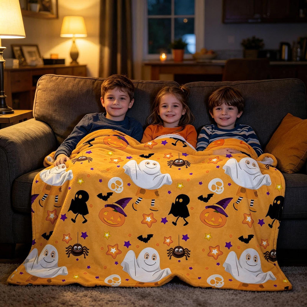 Halloween blanket,Halloween Print Throw Blanket Flannel Soft Cozy Decorative Nap Blanket with Ghost Pumpkin Skull for Office Bedroom Sofa Camping Travel(100x150cm/39x59 Inch),Black