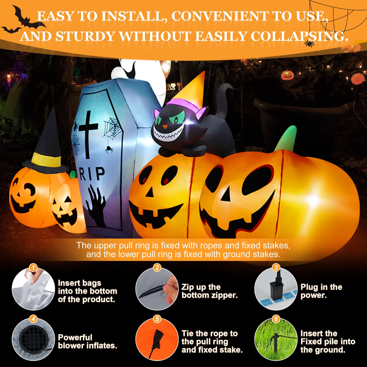 Yexmas 10ft Halloween Inflatable Pumpkins Outdoor Decor with Black Cat Tombstone and Spectre,Built-in LED Lights,for Halloween Party,Yard,Garden,Lawn
