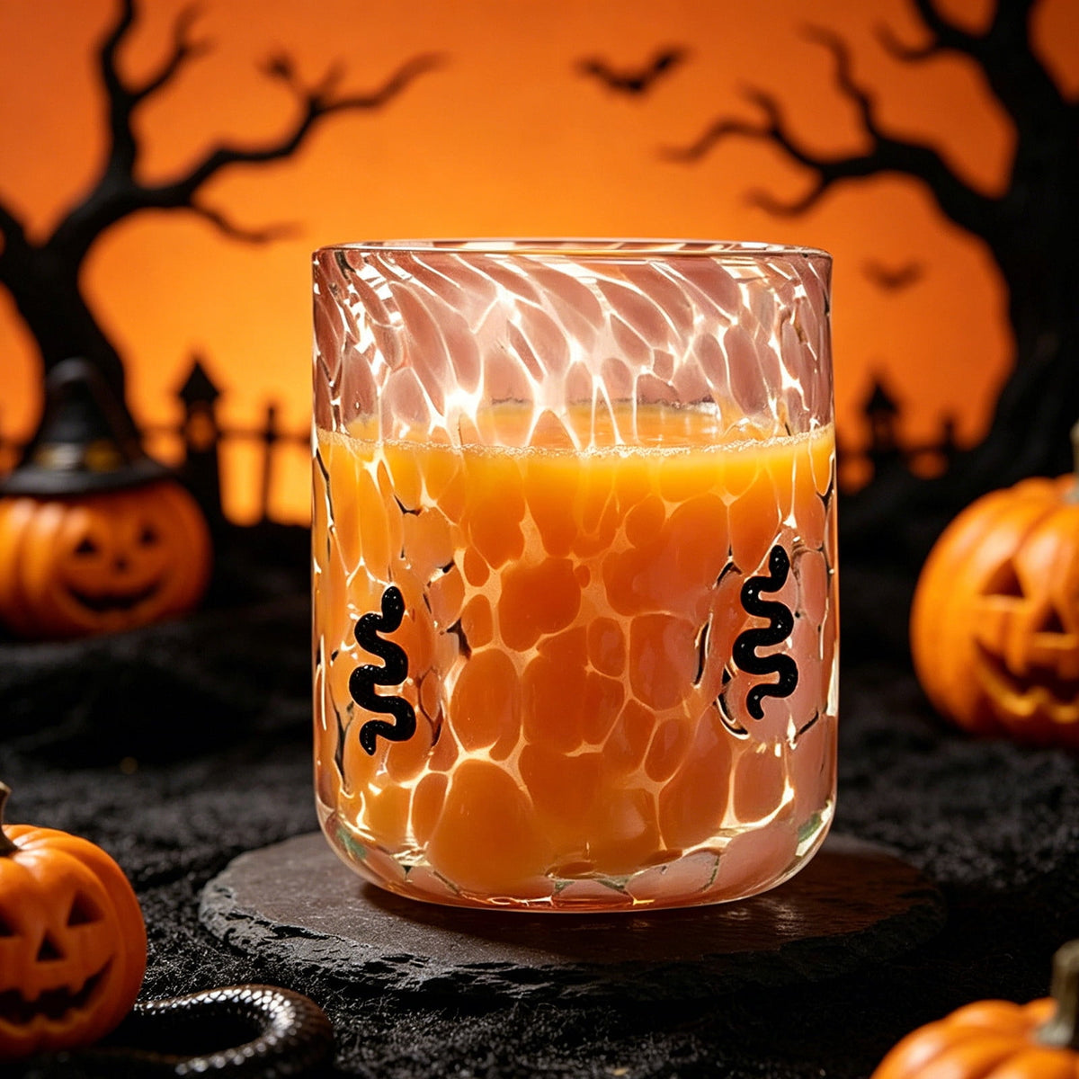 Qocolcyl Halloween Icon Glass Cups - 3.5x4.7in Ghost Bat Snake Pumpkin Icon Juice Stemless Wine Glasses Double Old Fashioned Hand Blown Drinking Cups for Halloween Party Gift